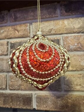 Red and Gold Glitter Holiday Hanging Ornament - Festive Bauble